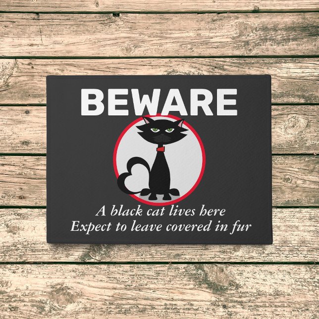 Beware of Black Cat Personalised Funny Doormat (My black cat leaves fur around - warn your visitors that they may leave covered in fur too :))