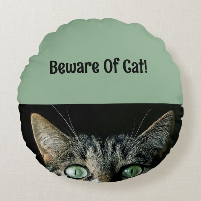 Beware Of Cat Round Pillow, Personalise Cushion (Front)