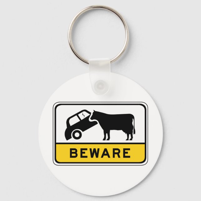 Beware of Cows, Traffic Warning Sign, Australia Key Ring (Front)
