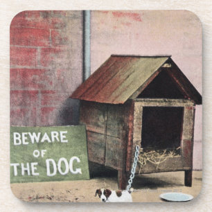 Beware of dog sign with small dog coaster
