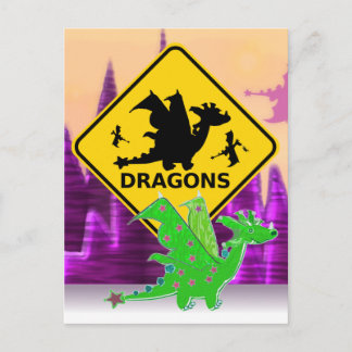 Beware of Dragons Sign Cute Cartoon Dragon Postcard