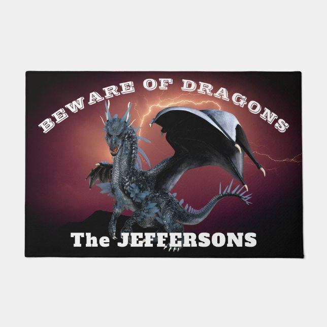 "Beware of Dragons"  with Dragon and Lightning Doormat (Front)