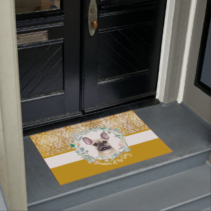 Beware of the Dog french bulldog damast floral Doormat
