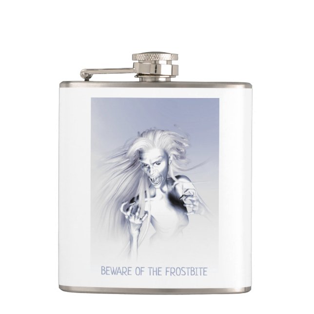 Beware of the Frostbite. Ice vampire Hip Flask (Front)