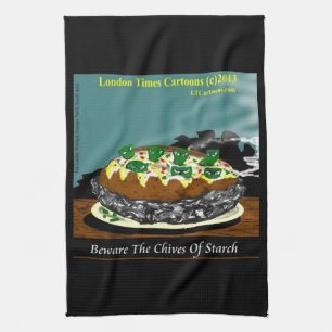 Beware the Chives of Starch – Funny Foodie Cartoon Tea Towel