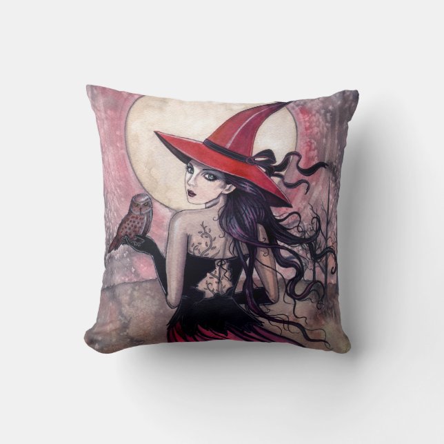 Beware the Red Spotted Owl Witch Throw Pillow (Front)