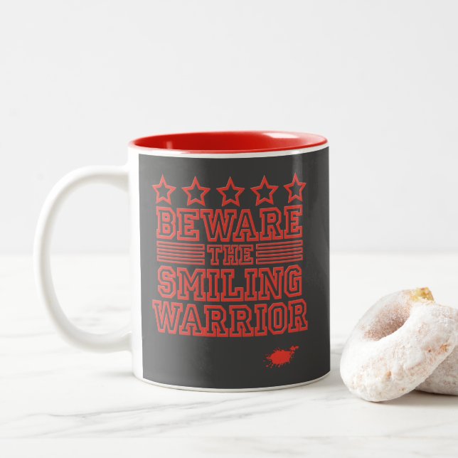 Beware the Smiling Warrior Red Gfx Two-Tone Coffee Mug (With Donut)