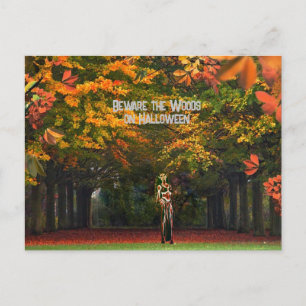 Beware the woods on Halloween vampire witch Holiday Postcard