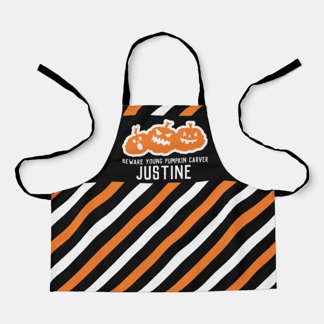 Beware young pumpkin carver scared pumpkin stripes apron (Front)