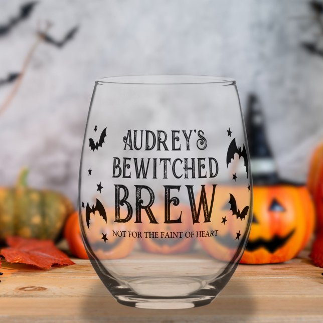 Bewitched Brew Bats and Stars Halloween Stemless Wine Glass (Bewitched Brew Bats and Stars Halloween Stemless Wine Glass)