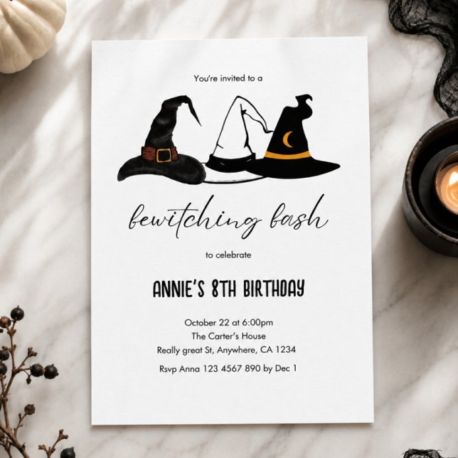 Bewitching Bash Halloween Witch Hat Birthday Invitation (halloween birthday invite, halloween party invite, bewitching bash, witch hat invitation, girls hall)