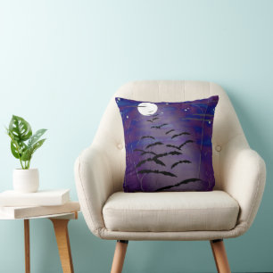 Bewitching Hour with Full White Moon and Bats Cushion