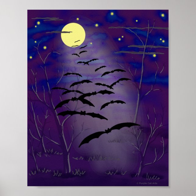 Bewitching Hour with Full Yellow Moon and Bats Poster (Front)