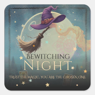 Bewitching Night Witch Hat & Broom Halloween Square Sticker