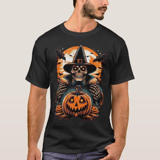 Bewitching Skeleton with Jack-O'-Lantern Halloween T-Shirt (Front)