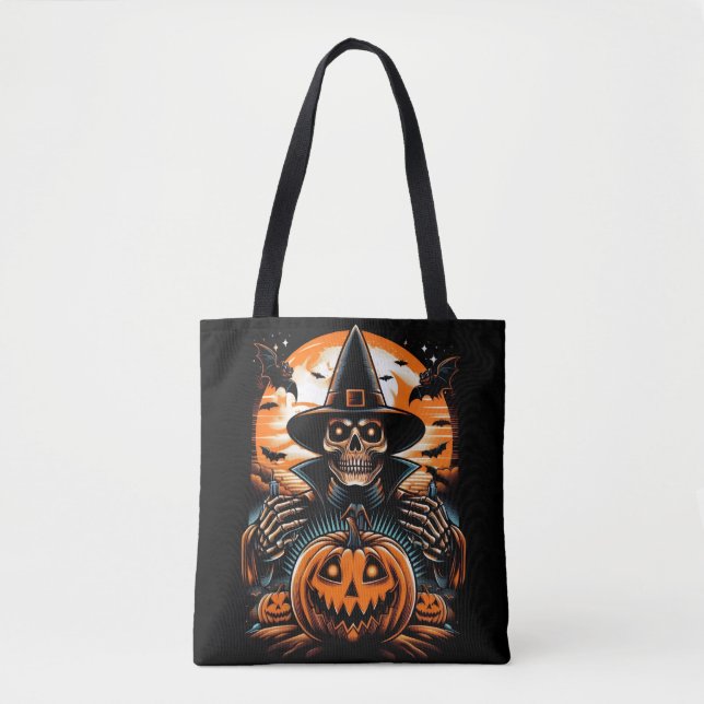 Bewitching Skeleton with Jack-O'-Lantern Halloween Tote Bag (Front)