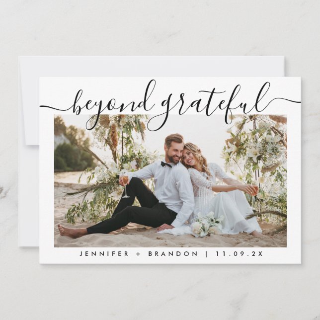 Beyond grateful calligraph Wedding Photo Thank you Card (Front)