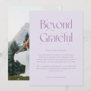 Beyond Grateful Whimsical Lilac Wedding Photo Thank You Card