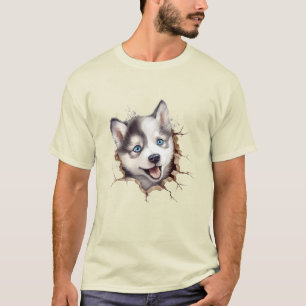 Beyond the Barrier: A Husky Puppy's Playful T-Shirt