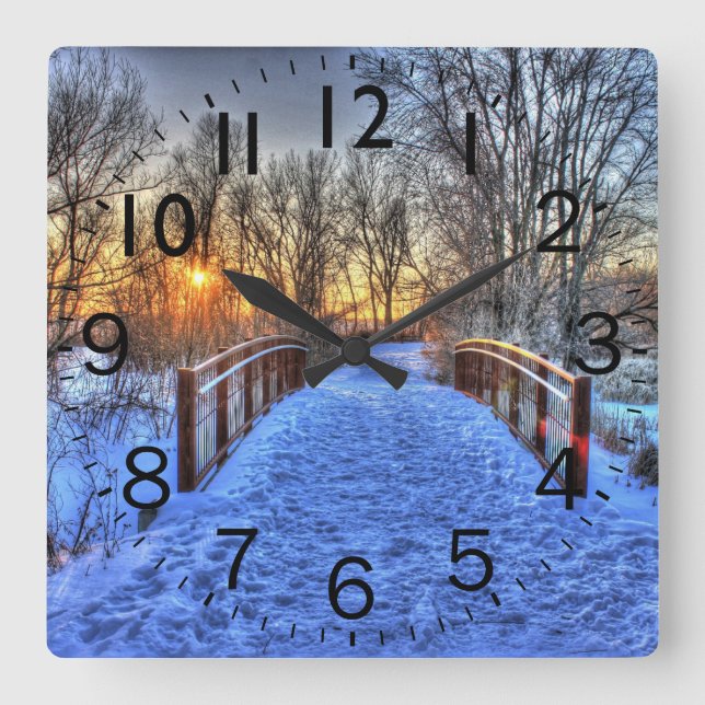 Beyond the Bridge Winter Scene Square Wall Clock (Front)