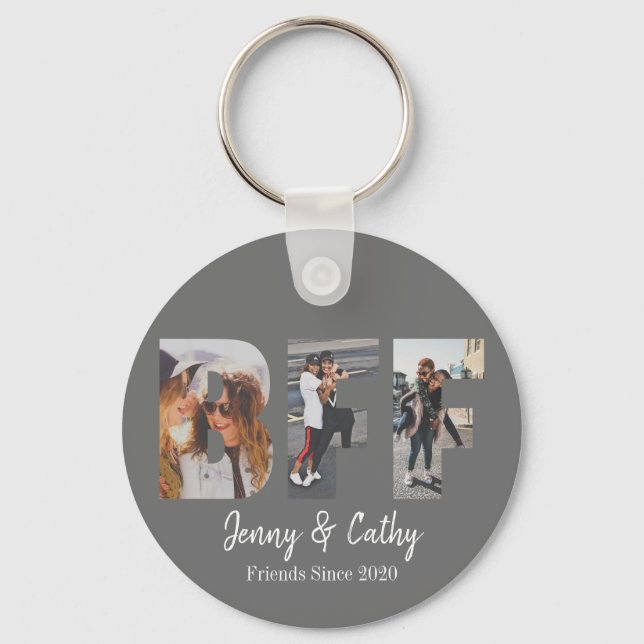 BFF 3 Photo Collage Best Friend Forever Grey Key Ring (Front)