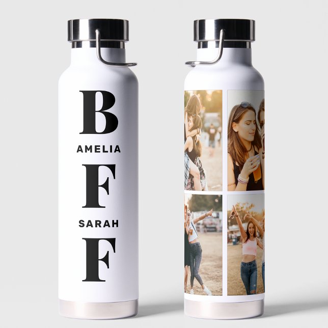  BFF | Best Friends Unique Custom Names 4 Photo Water Bottle (Creator Uploaded)