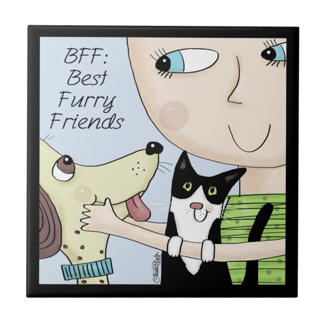 BFF: Best Furry Friends-Person with Dog and Cat Tile (Front)