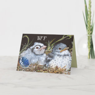 BFF card with baby bluejay and baby mockingbird