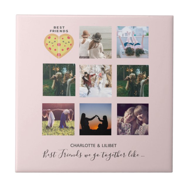 BFF Photo Collage Gifts Dusty Pink PIZZA Friends Ceramic Tile (Front)
