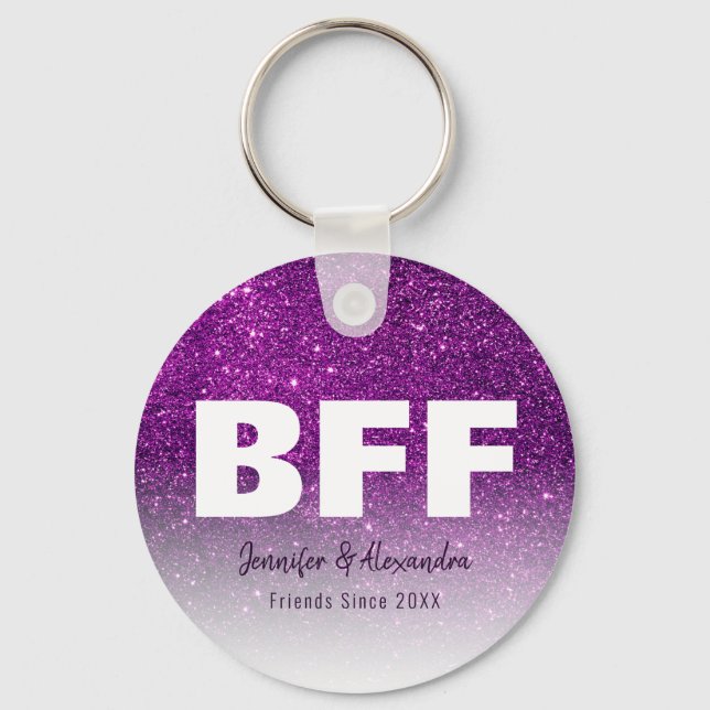 BFF Purple Gold Glitter Personalized Best Friends Key Ring (Front)