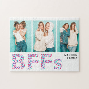 BFFs Three Photo Personalised Name Girly Heart Jigsaw Puzzle