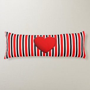 BG Stripes Pattern black red + red heart Body Cushion