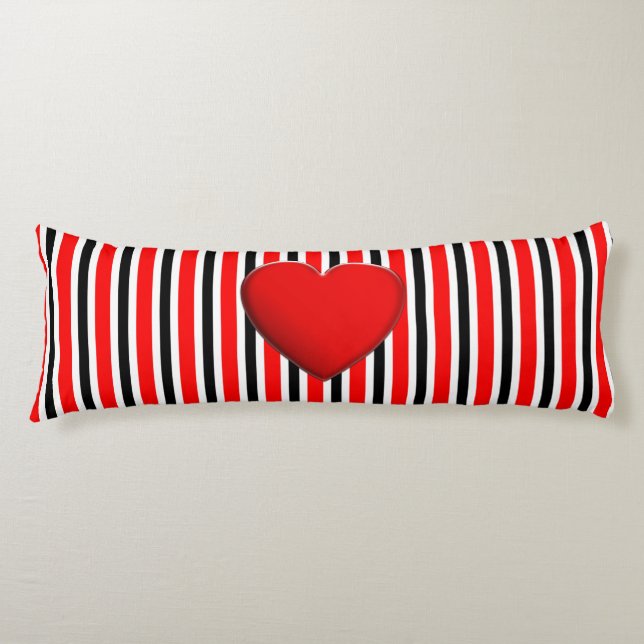 BG Stripes Pattern black red + red heart Body Cushion (Front)