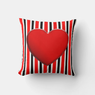BG Stripes Pattern black red + red heart Cushion