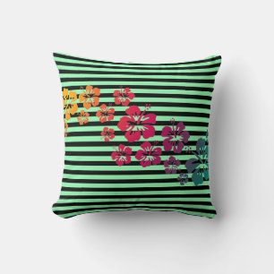 BG Stripes Pattern narrow black + hibiscus blooms Cushion