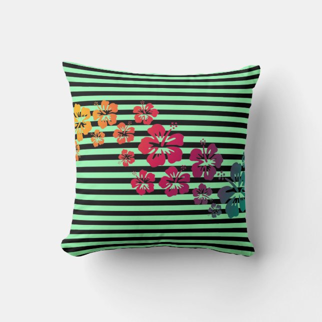 BG Stripes Pattern narrow black + hibiscus blooms Cushion (Front)