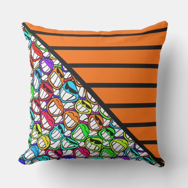 BG Stripes Pattern wide orange + cool smilies Outdoor Cushion (Front)