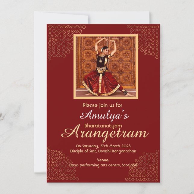 Bharatanatyam Arangetram invite with your photo (Front)
