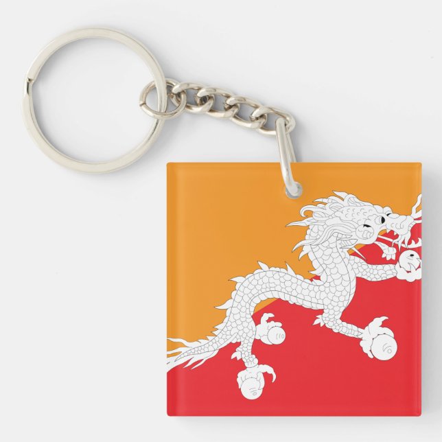 Bhutan Flag Design with White Dragon Key Ring (Front)
