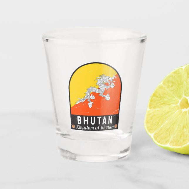 Bhutan Flag Emblem Distressed Vintage Shot Glass (Front)