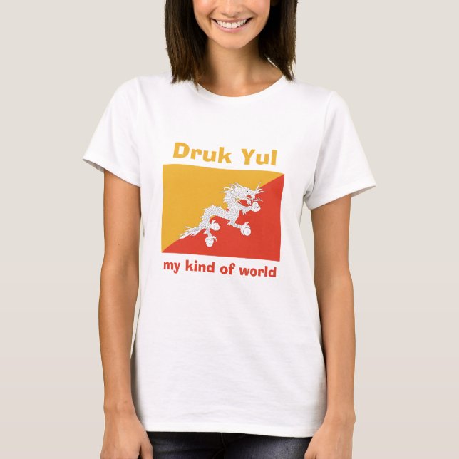 Bhutan Flag + Map + Text T-Shirt (Front)
