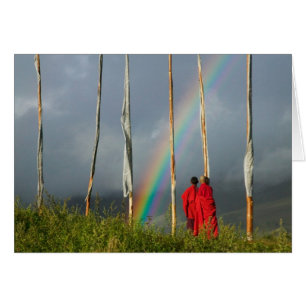 Bhutan, Gangtey village, Rainbow over two monks