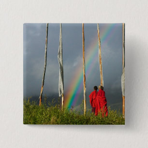 Bhutan, Gangtey village, Rainbow over two monks 15 Cm Square Badge