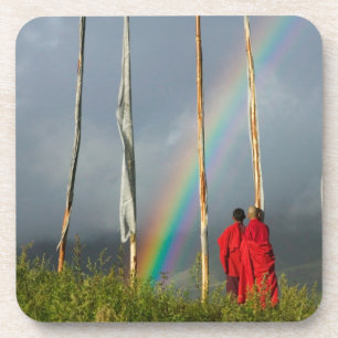 Bhutan, Gangtey village, Rainbow over two monks Coaster