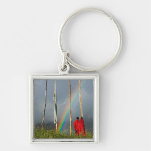 Bhutan, Gangtey village, Rainbow over two monks Key Ring