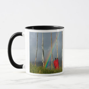 Bhutan, Gangtey village, Rainbow over two monks Mug