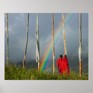 Bhutan, Gangtey village, Rainbow over two monks Poster