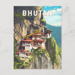 Bhutan Illustration Travel Art Vintage Postcard