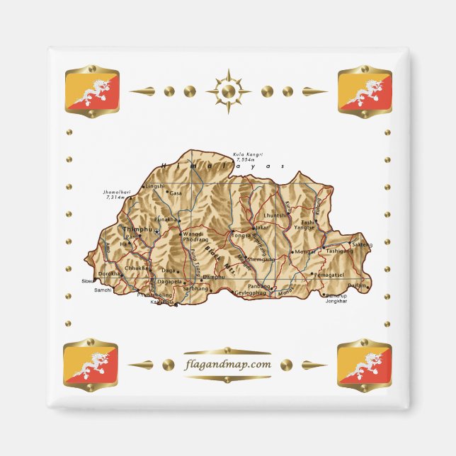 Bhutan Map + Flags Magnet (Front)