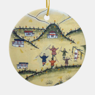 Bhutanese house with archery paintings - Bhutan Ceramic Ornament